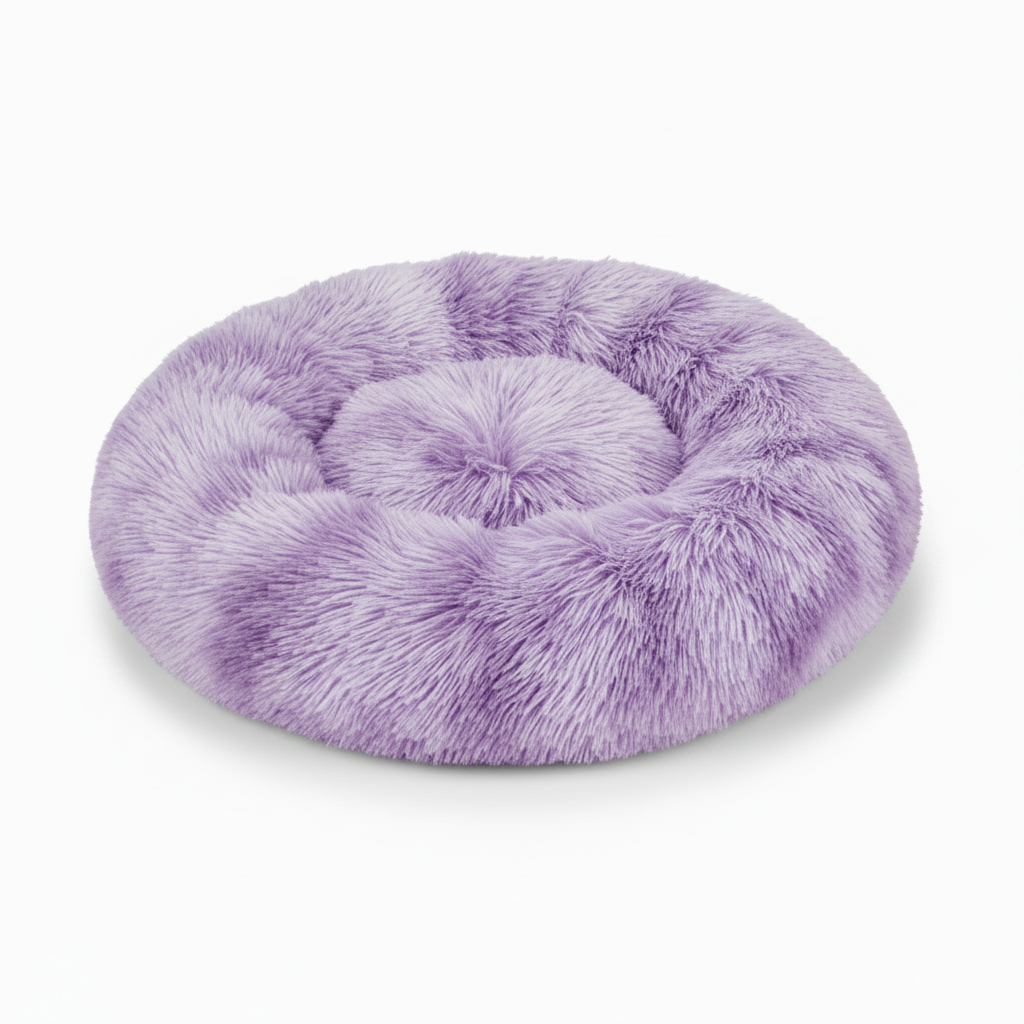 Round lavender ombré shaggy faux fur donut calming pet bed three-quarter view on white background