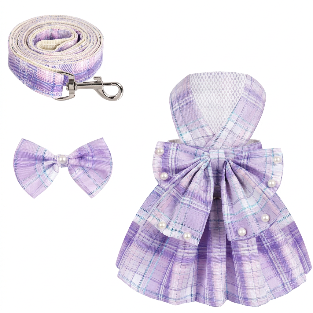 Lavender plaid dress, leash, and bow arranged on white without the cat mannequin