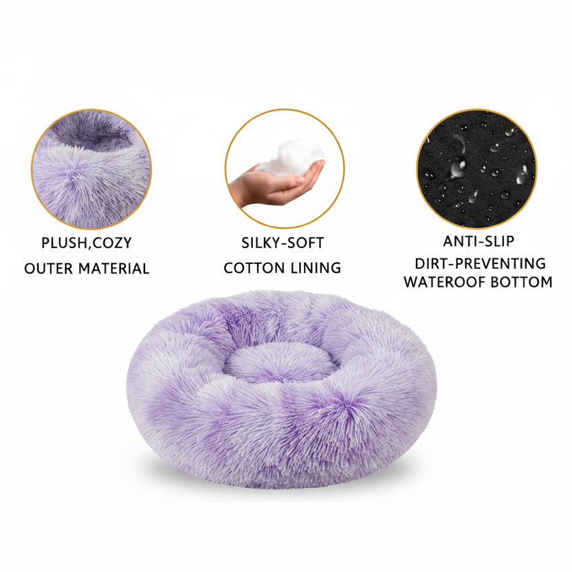 Round lavender shaggy faux fur donut calming pet bed feature infographic highlighting plush cozy outer material, silky-soft cotton lining, and anti-slip waterproof bottom on white background
