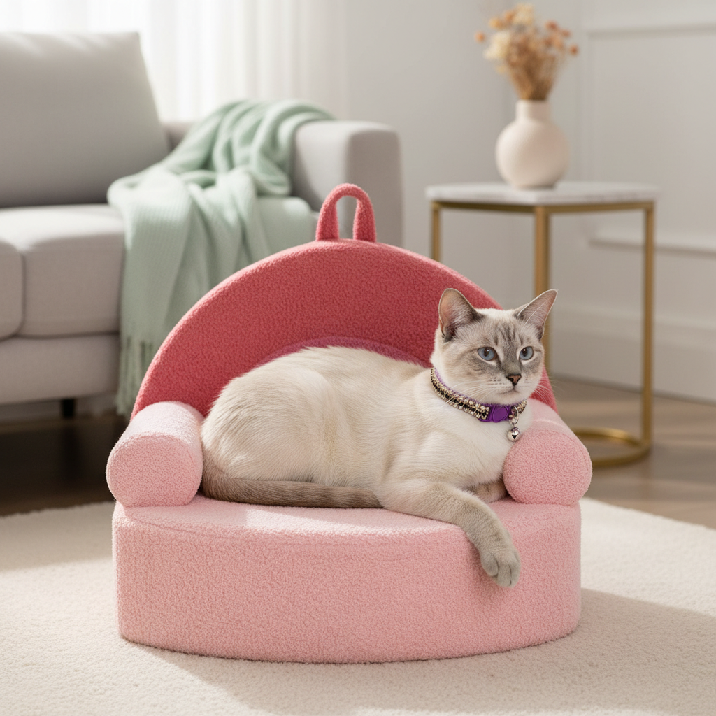 Lavender-point Siamese cat relaxing on the pink pet chair wearing the exact purple and black jeweled collar