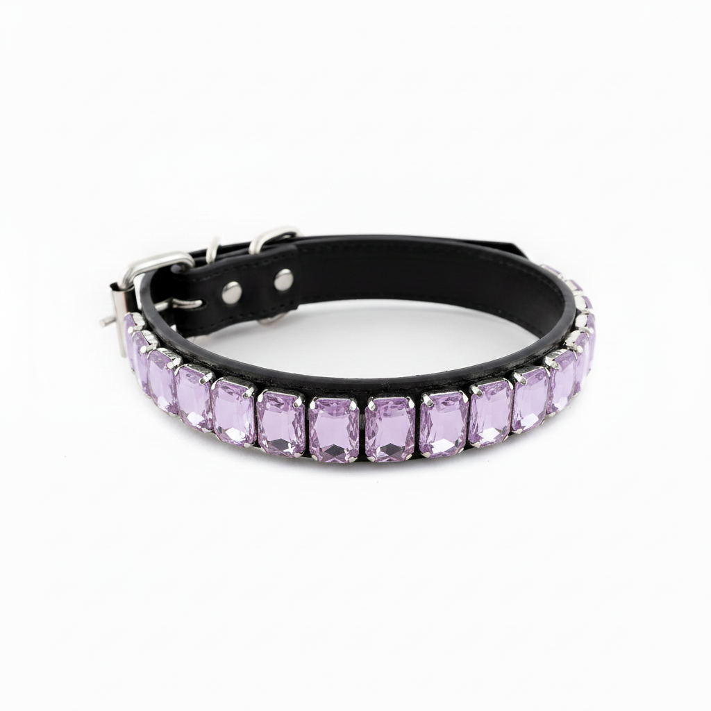 Black pet collar featuring a row of pale lavender rectangular rhinestones on a white background.