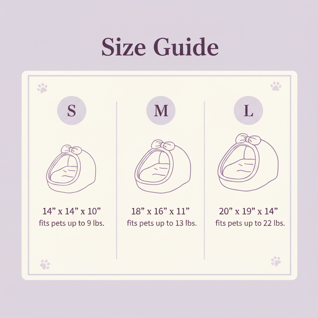 Size guide chart for dome igloo cat bed showing three sizes: Small (14"×14"×10", up to 9 lbs), Medium (18"×16"×11", up to 13 lbs), and Large (20"×19"×14", up to 22 lbs), lavender background