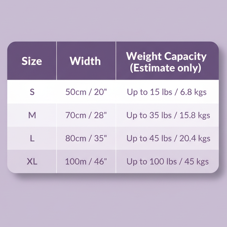 Pet bed size chart showing width and estimated weight capacity for four sizes: Small 50cm/20in up to 15 lbs, Medium 70cm/28in up to 35 lbs, Large 80cm/35in up to 45 lbs, and XL 100cm/46in up to 100 lbs