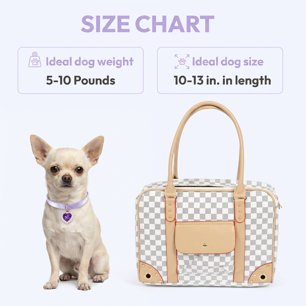 Lavender size chart with a Chihuahua wearing the purple heart charm collar