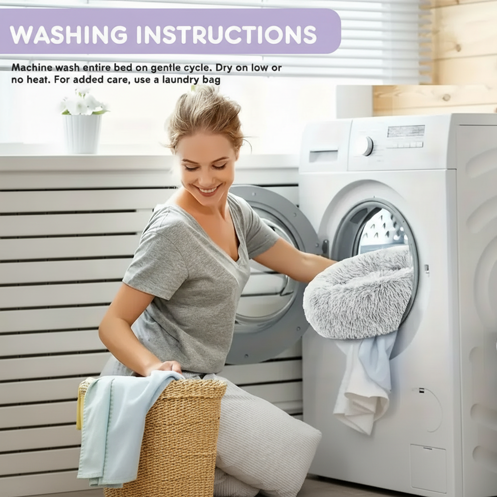 Washing instructions graphic showing a woman loading a grey shaggy faux fur pet bed into a front-load washing machine, with text reading: Machine wash entire bed on gentle cycle. Dry on low or no heat. For added care, use a laundry bag