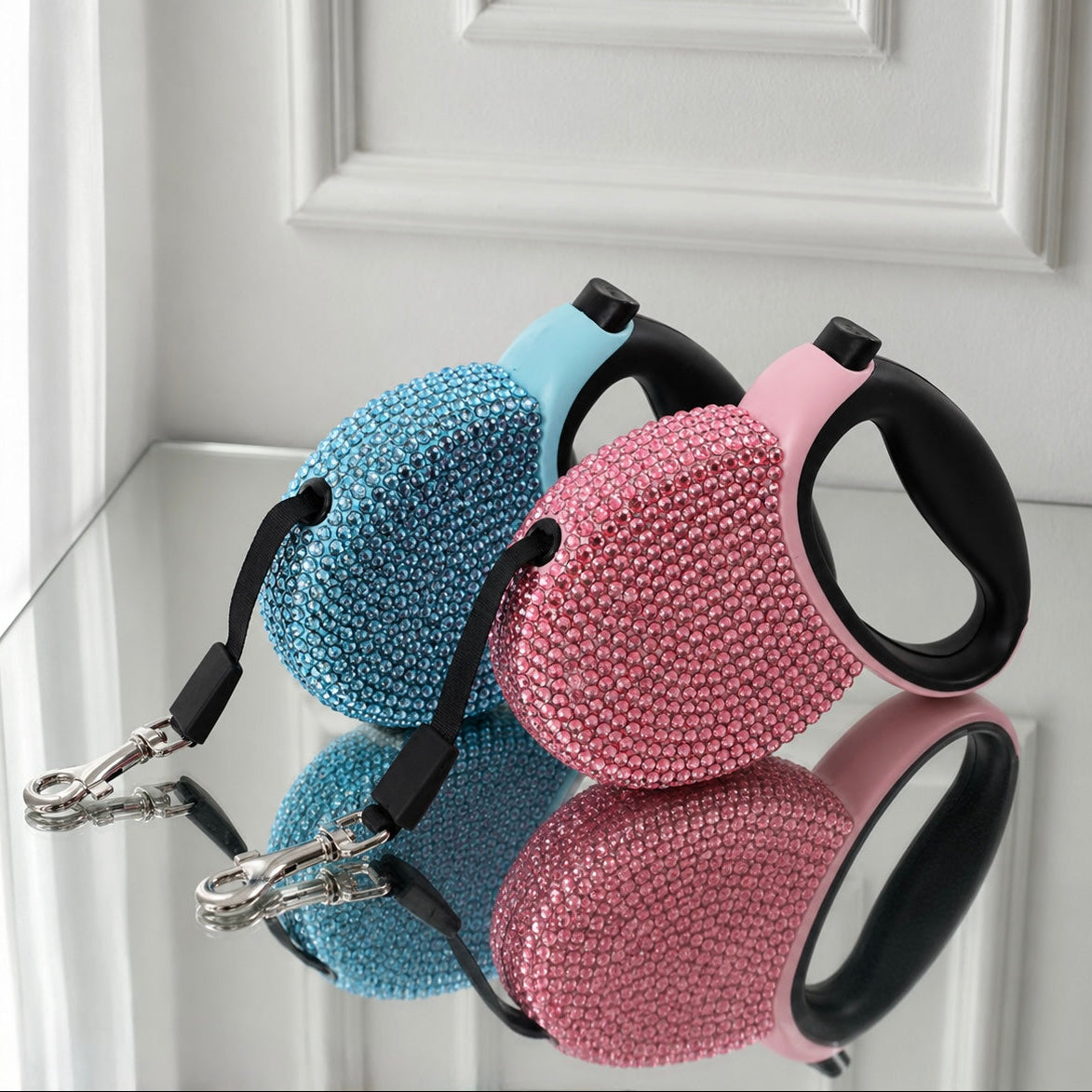 Blue Rhinestone Studded Retractable Dog Leash