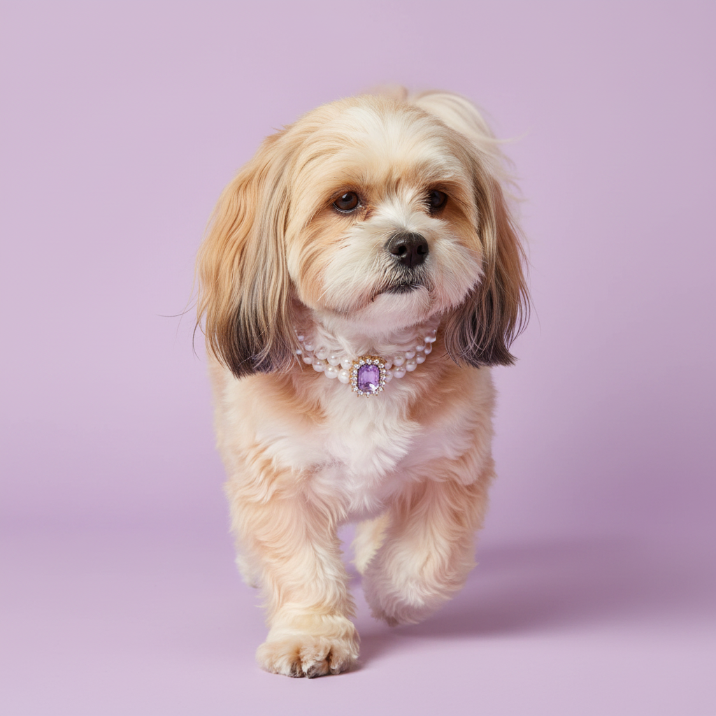 Lhasa Apso walking toward camera wearing luxury double-strand pearl dog collar with lavender amethyst crystal centerpiece on lavender background