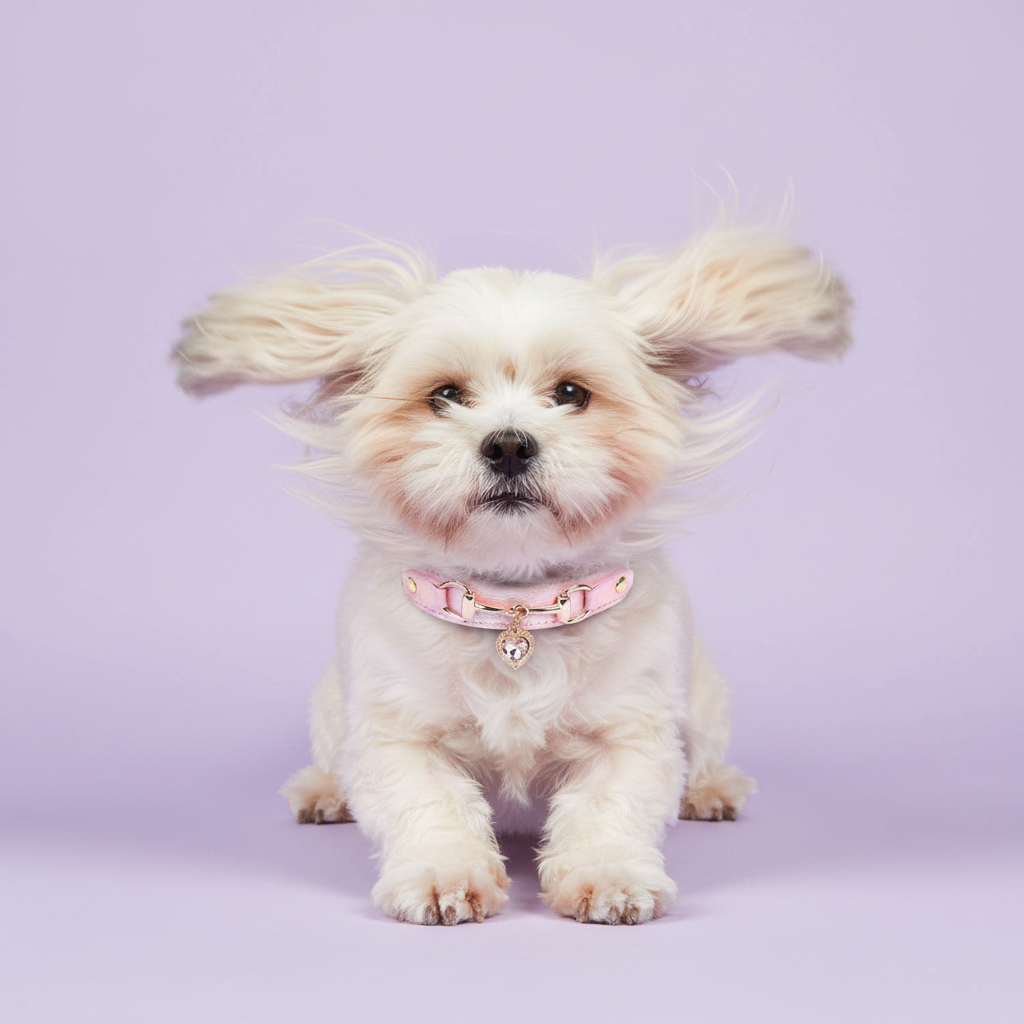 Cream Lhasa Apso with windswept ears seated and facing forward, wearing a pink leather pet collar with rose gold snaffle-bit hardware and a clear crystal heart charm pendant, on a soft lavender background