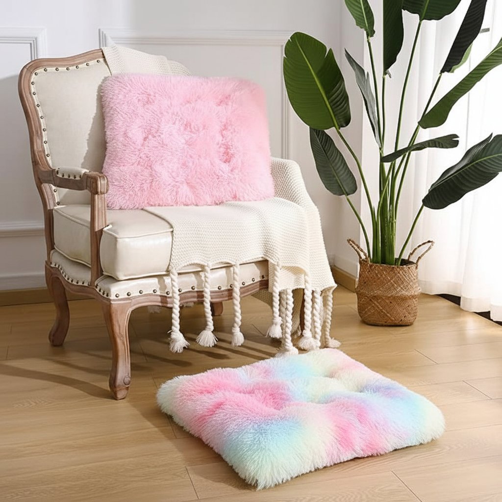 Lifestyle image showing a pastel rainbow tie-dye long shaggy faux fur flat square pet bed mat on light oak herringbone floors beside a cream French provincial armchair with a matching blush pink long shaggy faux fur cushion, a cream tassel knit throw, and a large tropical plant in a wicker basket