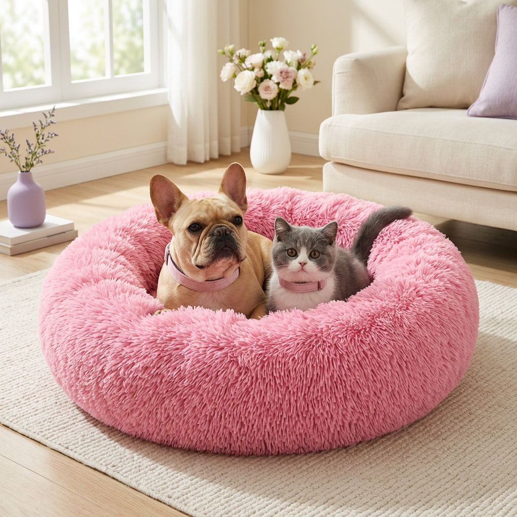Lifestyle image of the two pets in the pink bed wearing blush-pink collars