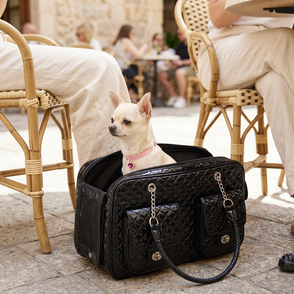 Lifestyle mockup of a Chihuahua in the black quilted carrier wearing the pink collar