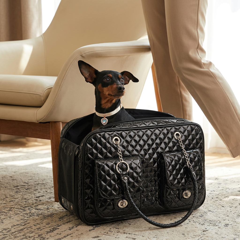 Lifestyle mockup of a miniature pinscher in the black quilted carrier wearing the cream collar
