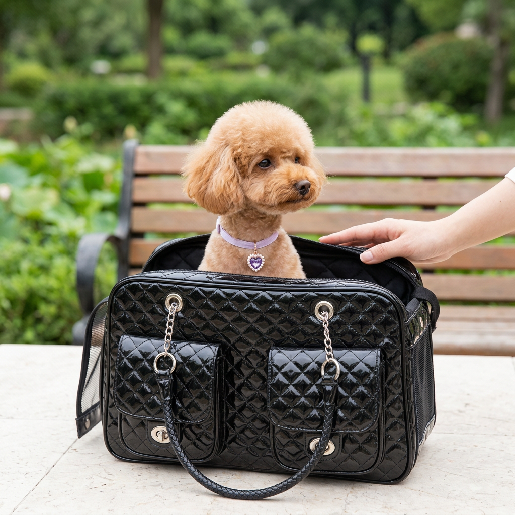 Lifestyle mockup of a toy poodle in the black quilted carrier wearing the lavender collar