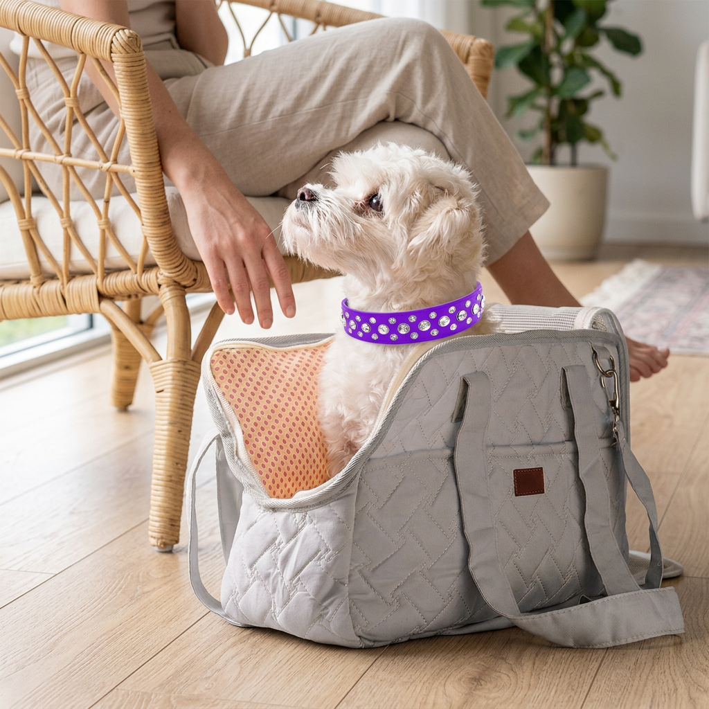 Lifestyle mockup of the white Maltese in the grey quilted carrier, wearing the purple rhinestone collar in a naturally lit living room