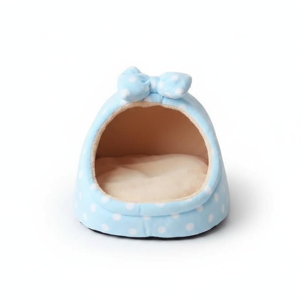 Light blue polka dot igloo cat bed with bow detail and cream fleece interior, white background