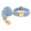 Light blue teddy fleece collar and leash set with gold hardware
