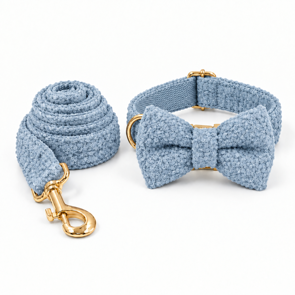 Light blue teddy fleece collar, bow tie and leash set with gold hardware