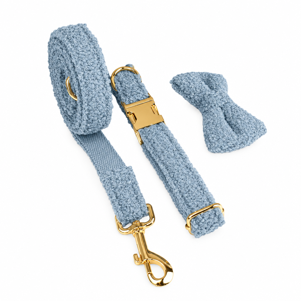 Light blue teddy fleece collar, leash and separate bow tie with gold hardware