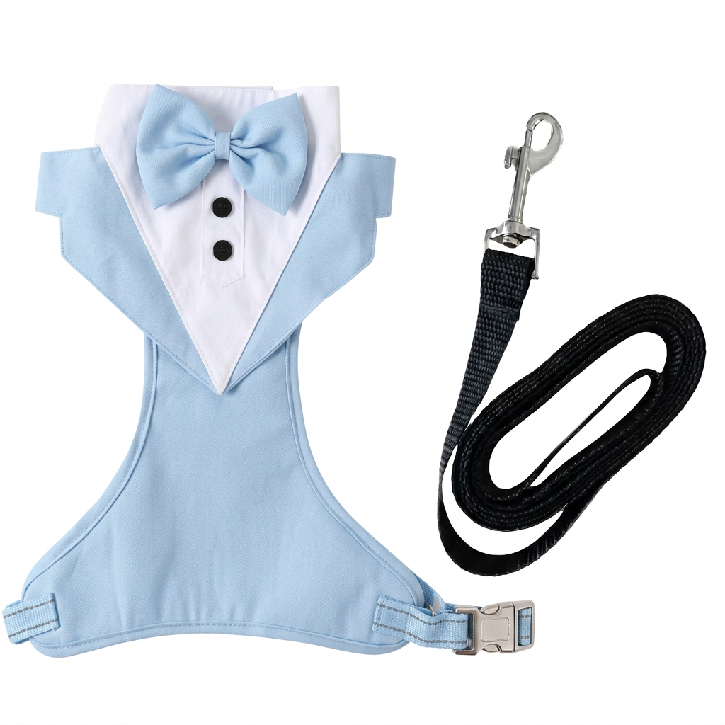 Light-blue tuxedo harness with black leash