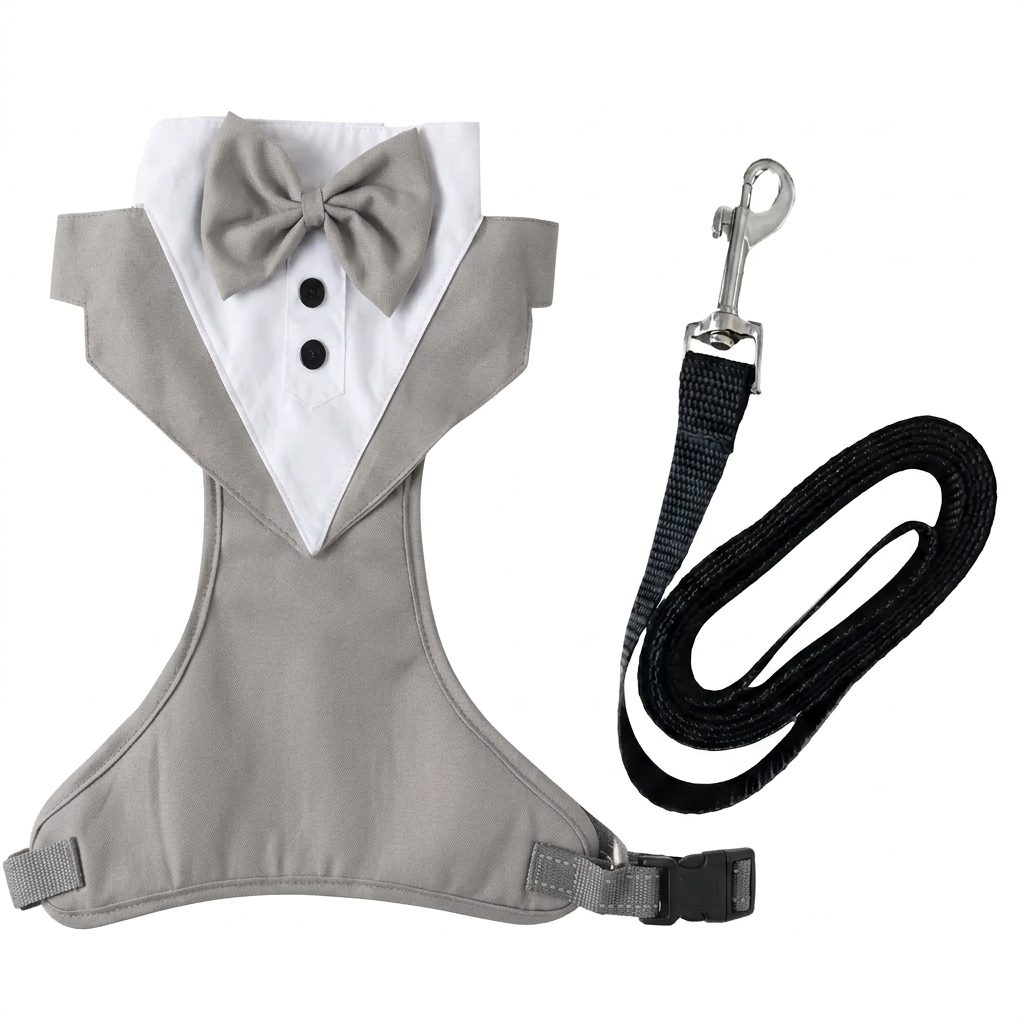 Light gray tuxedo harness with the leash kept black