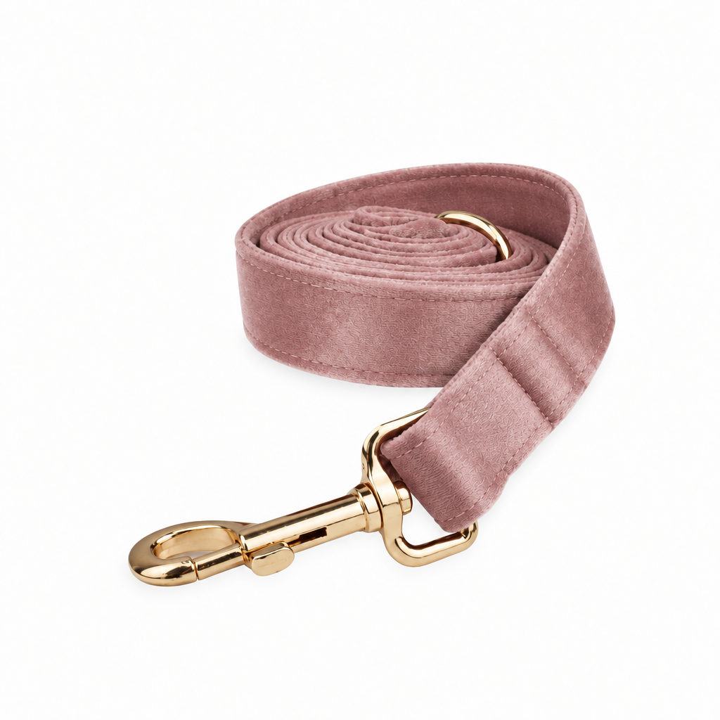 Light pink velvet coiled leash with gold hardware