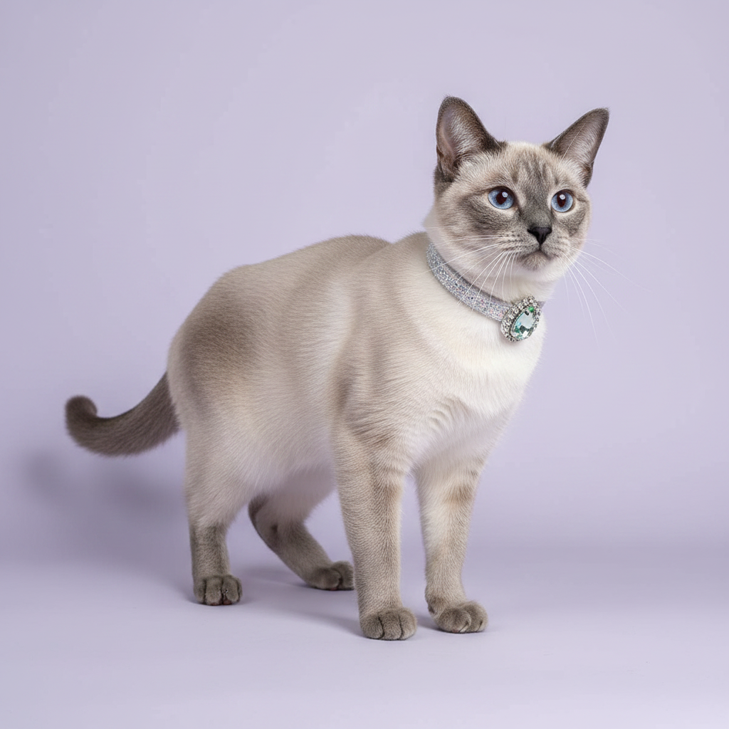 Lilac point Siamese cat wearing silver rhinestone breakaway cat collar with mint green teardrop crystal pendant