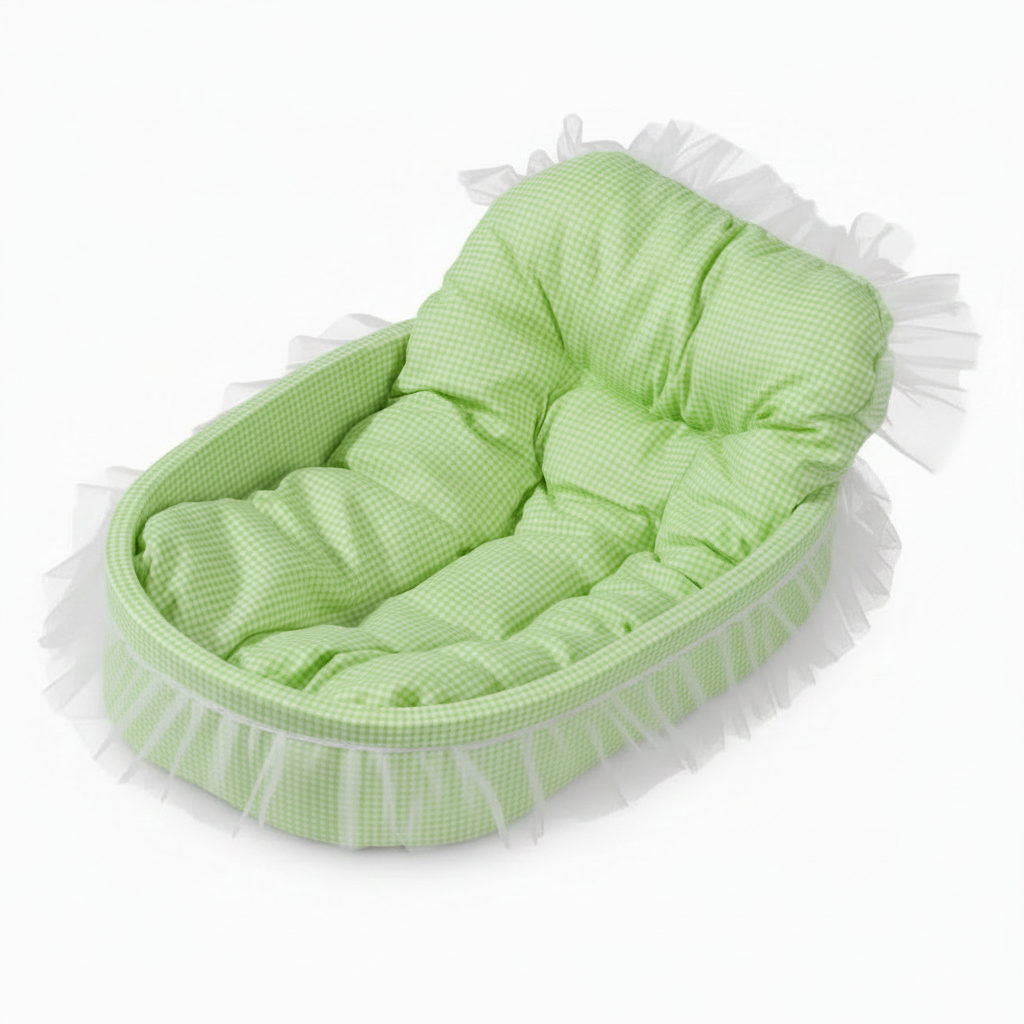 Lime green gingham oval pet bed with tufted bolster backrest and sheer white lace ruffle trim, angled product shot on white background