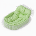 Lime green gingham oval pet bed with tufted bolster backrest and sheer white lace ruffle trim, angled product shot on white background