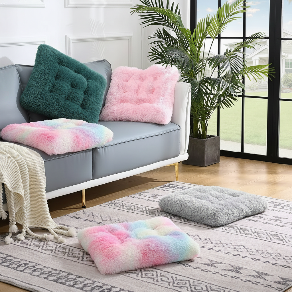 Lifestyle image showing a grey upholstered sofa with gold legs styled with a teal long shaggy faux fur tufted square cushion and a blush pink long shaggy faux fur tufted square cushion, a pastel rainbow tie-dye long shaggy faux fur tufted square mat draped over the sofa arm, and two additional tufted square mats on a geometric cream and grey area rug on light oak hardwood floors — one pastel rainbow tie-dye and one light grey — with a large tropical palm plant and black-framed floor-to-ceiling windows in 