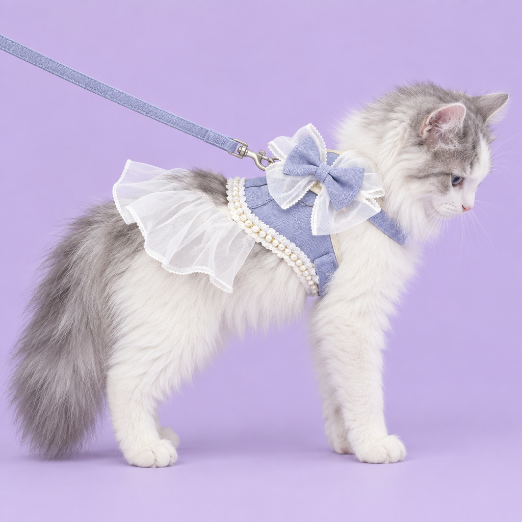 Long-haired cat in blue ruffled harness on lavender