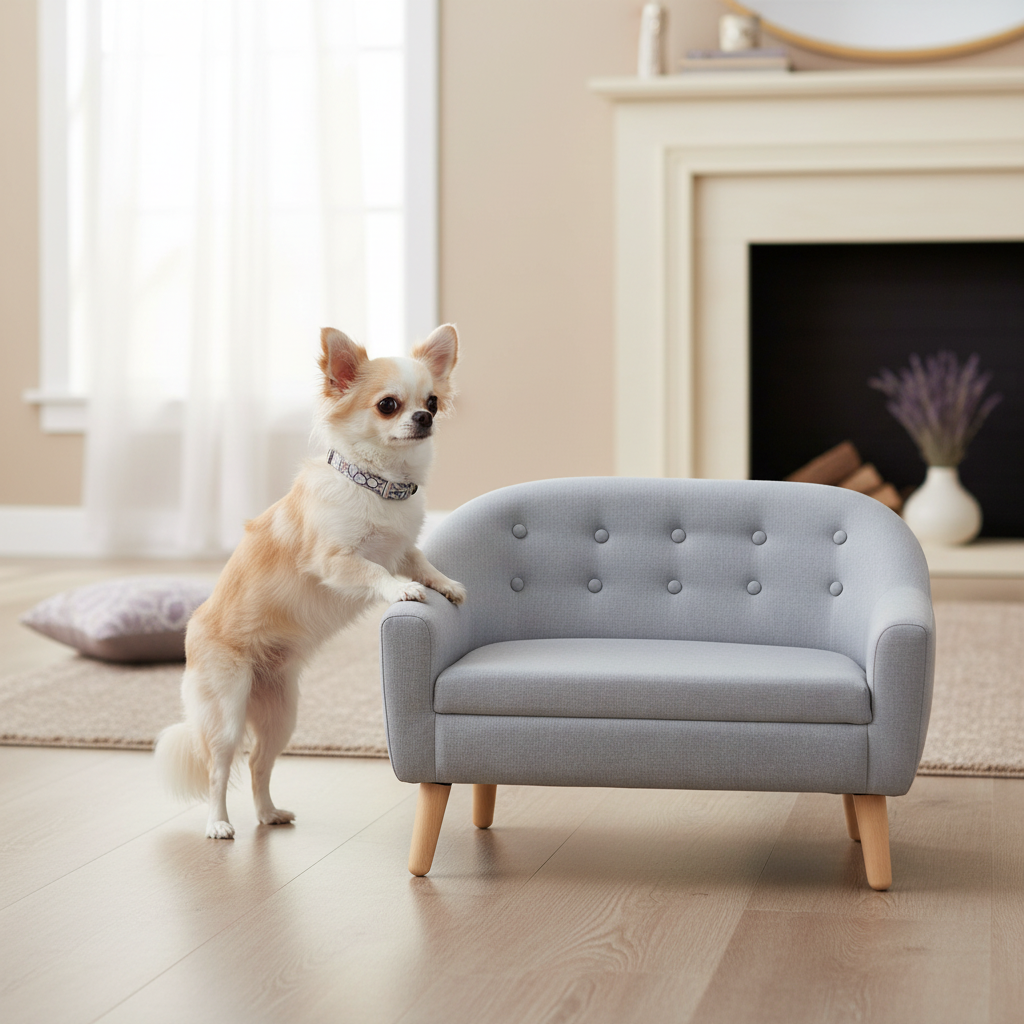 Long-haired Chihuahua on the gray chair beside a cream fireplace
