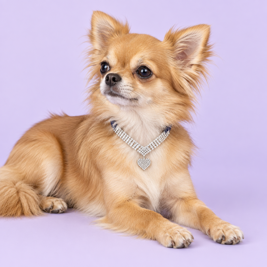 Long-haired Chihuahua reclining with a side gaze