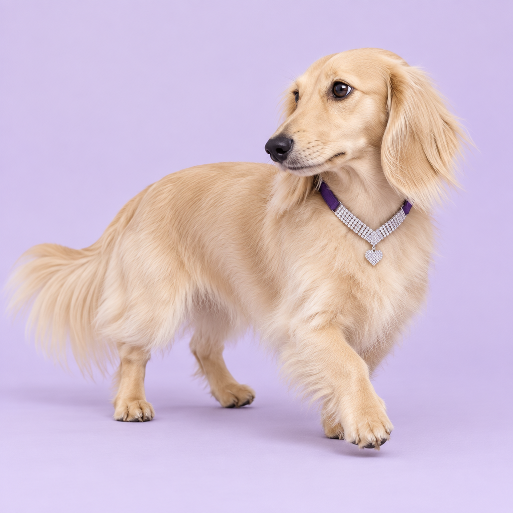 Long-haired dachshund walking and glancing back