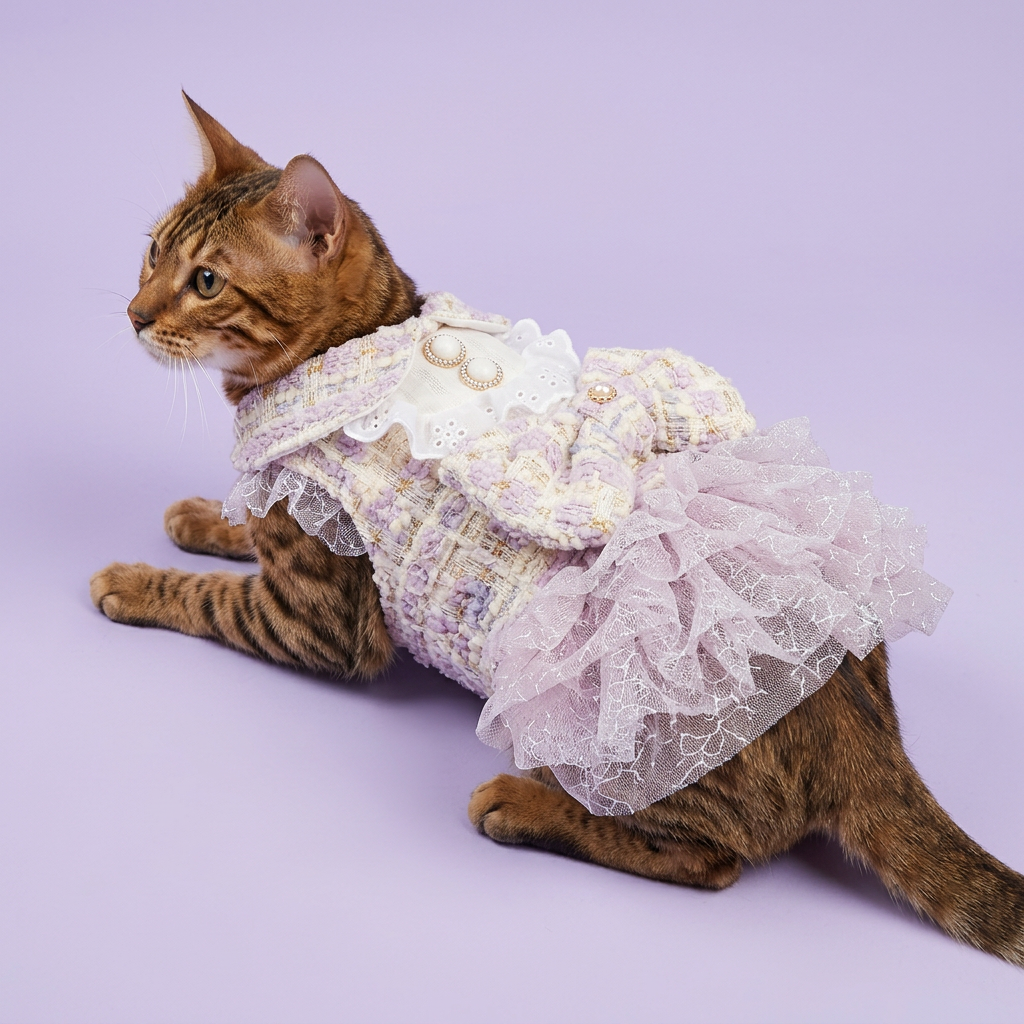 Lounging Bengal in the lilac tweed dress