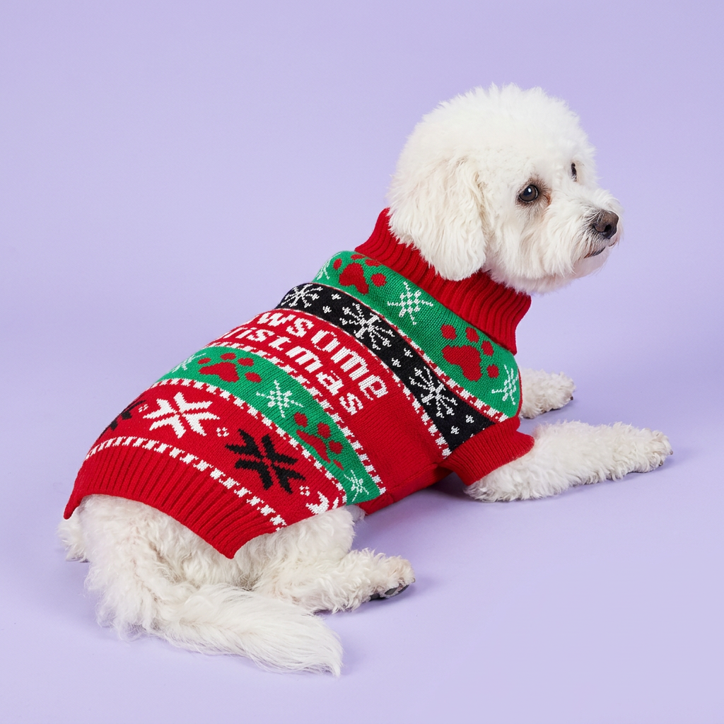 Lounging Bichon in the Pawsome Christmas sweater