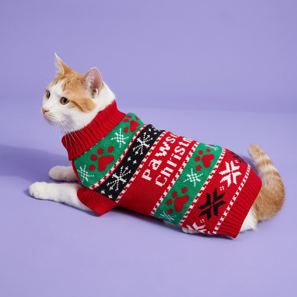 Lounging cat in the Pawsome Christmas sweater