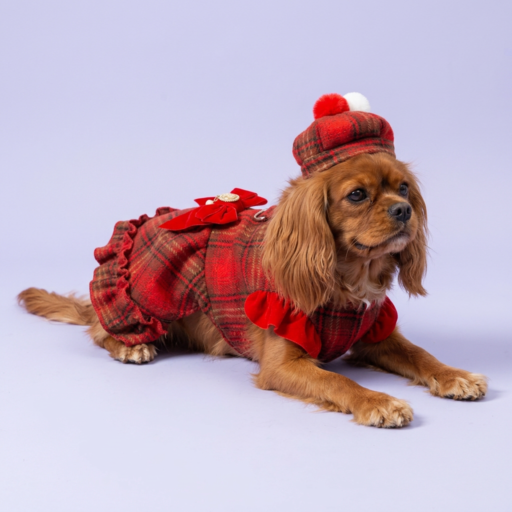 Lounging Cavalier in the tartan dress and matching hat