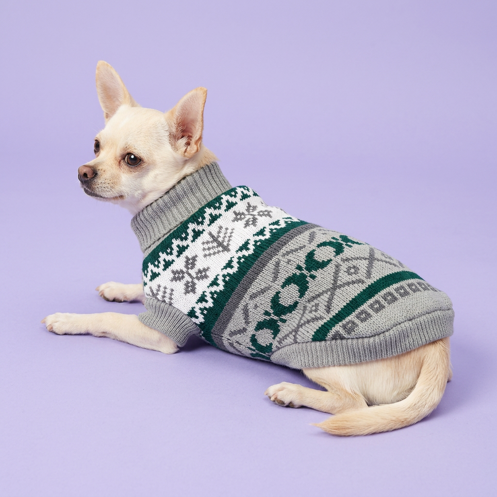 Lounging Chihuahua in the grey-and-green sweater