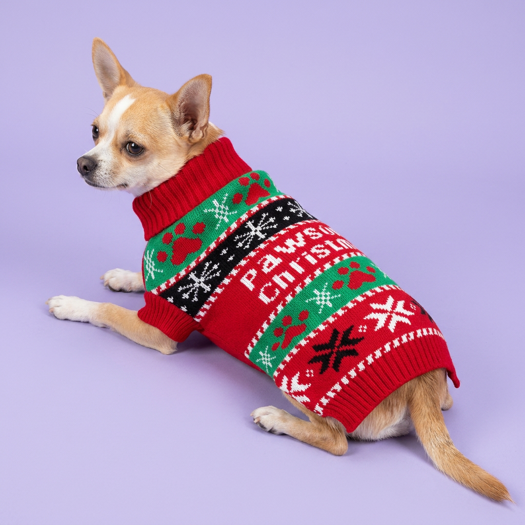 Lounging Chihuahua wearing the Pawsome Christmas sweater