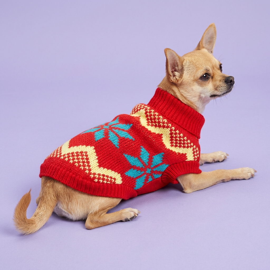 Lounging Chihuahua wearing the red sweater with teal motifs