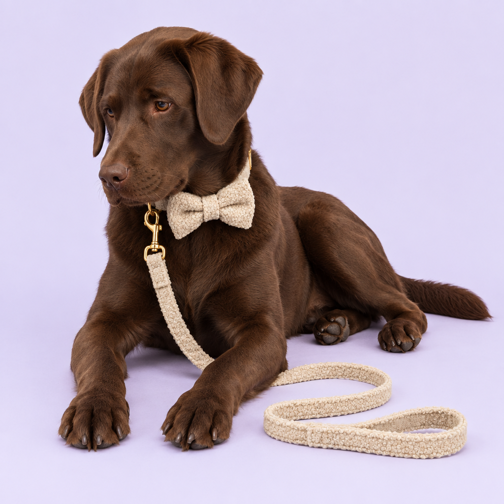 Lounging chocolate Labrador wearing beige teddy fleece bow collar and leash