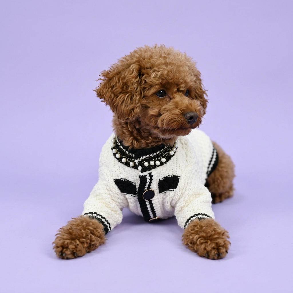 Lounging chocolate poodle wearing the cream-and-black sweater