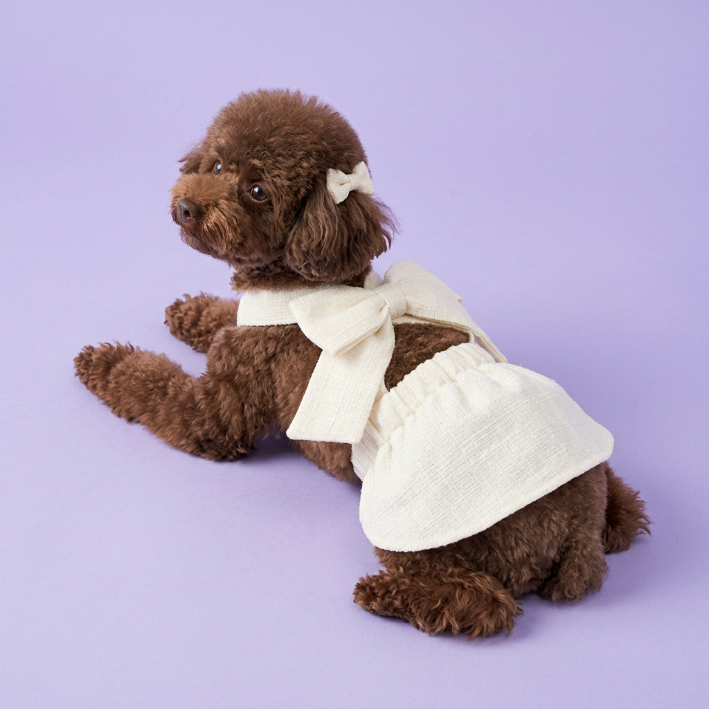 Lounging chocolate poodle wearing the ivory bow dress