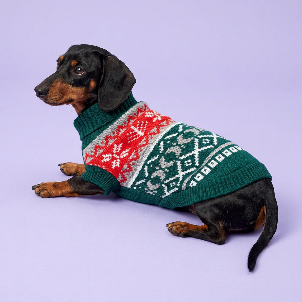 Lounging dachshund in the green red and grey sweater