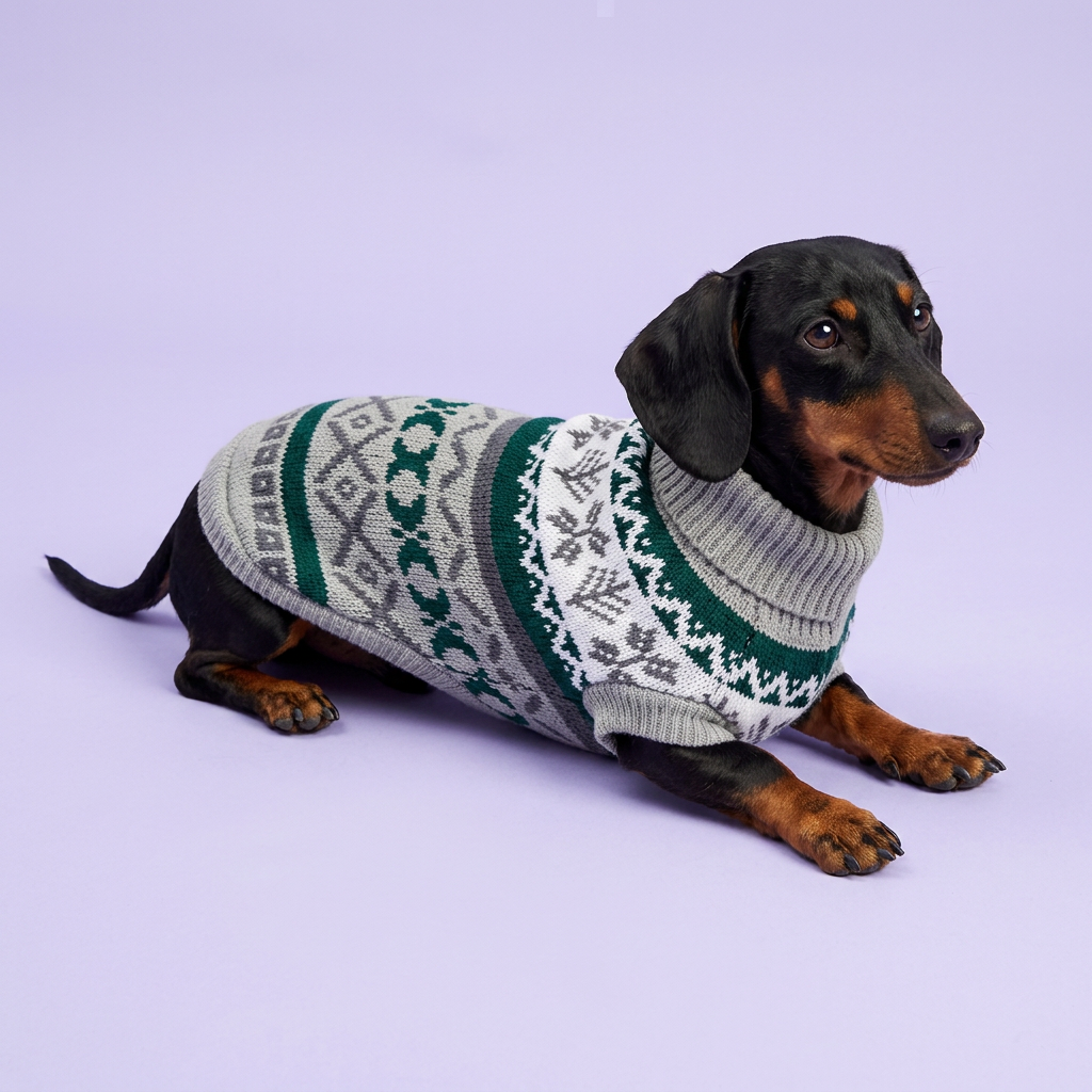 Lounging dachshund in the grey-and-green sweater