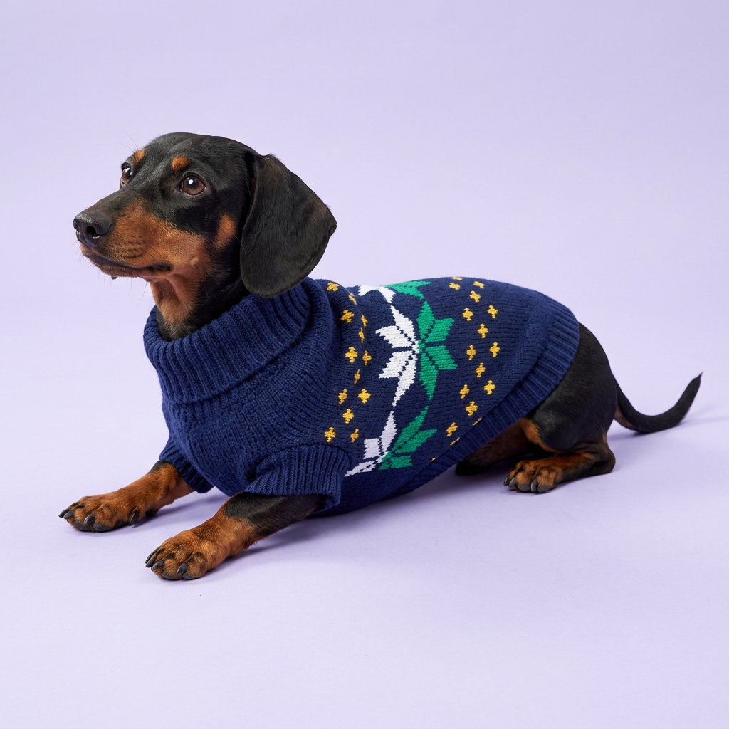 Lounging dachshund in the navy sweater