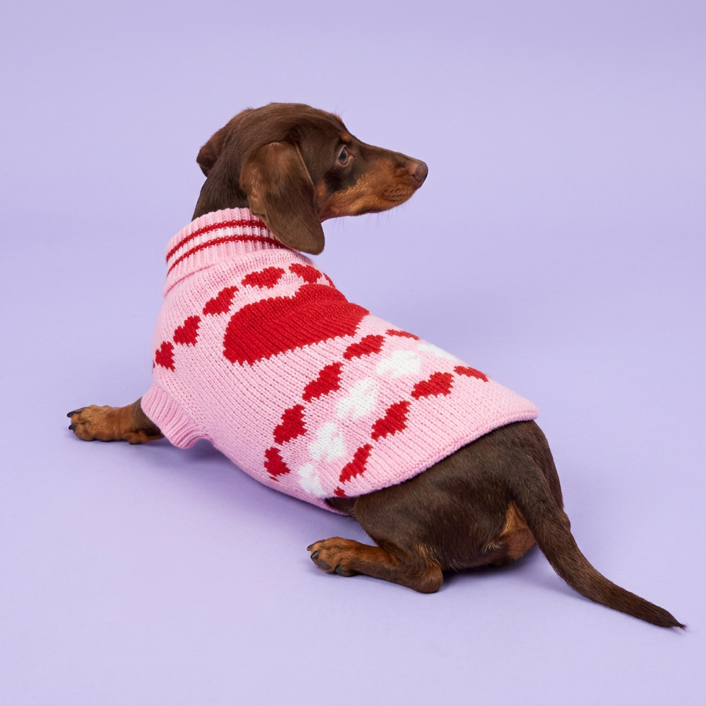 Lounging dachshund in the pink heart sweater