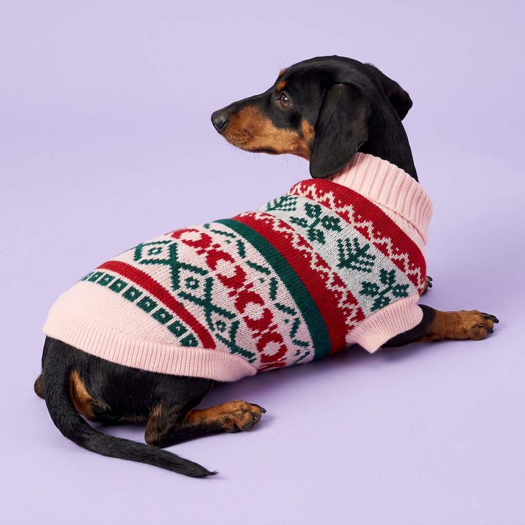 Lounging dachshund in the pink-trimmed sweater