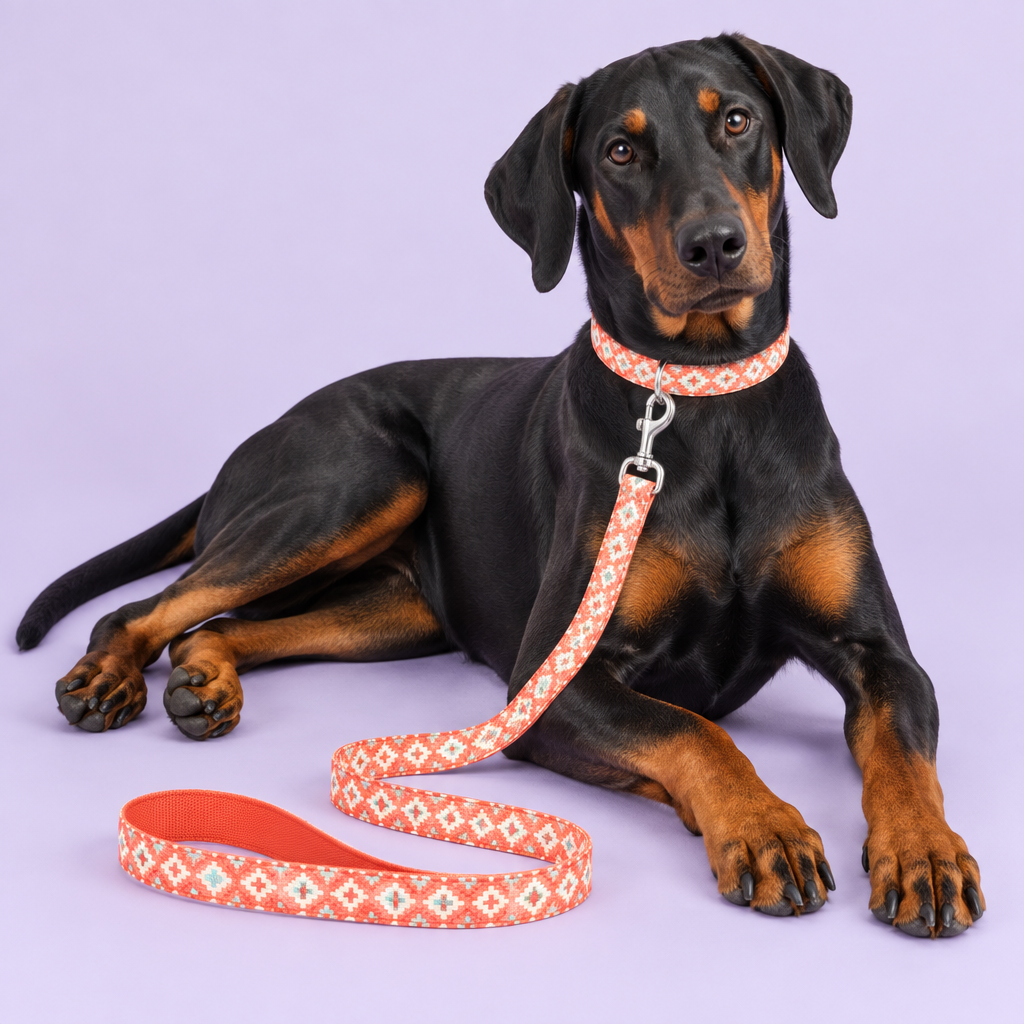 Lounging Doberman wearing the corrected geometric set