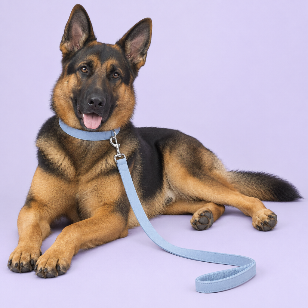 Lounging German shepherd wearing light blue suede-look collar and leash